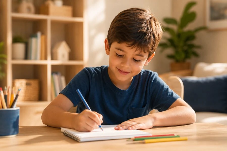 A young boy drawing calmly at a table