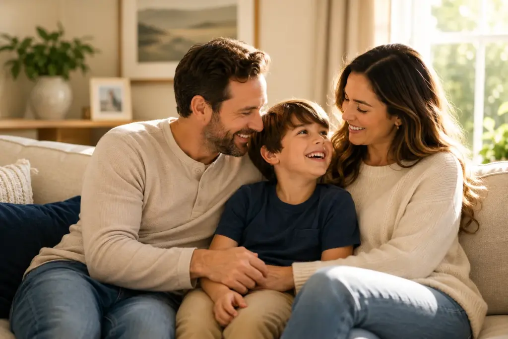 A mother and father smiling with their young son on a sofa.