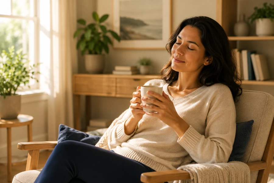 A woman resting with a warm drink in a calm home setting