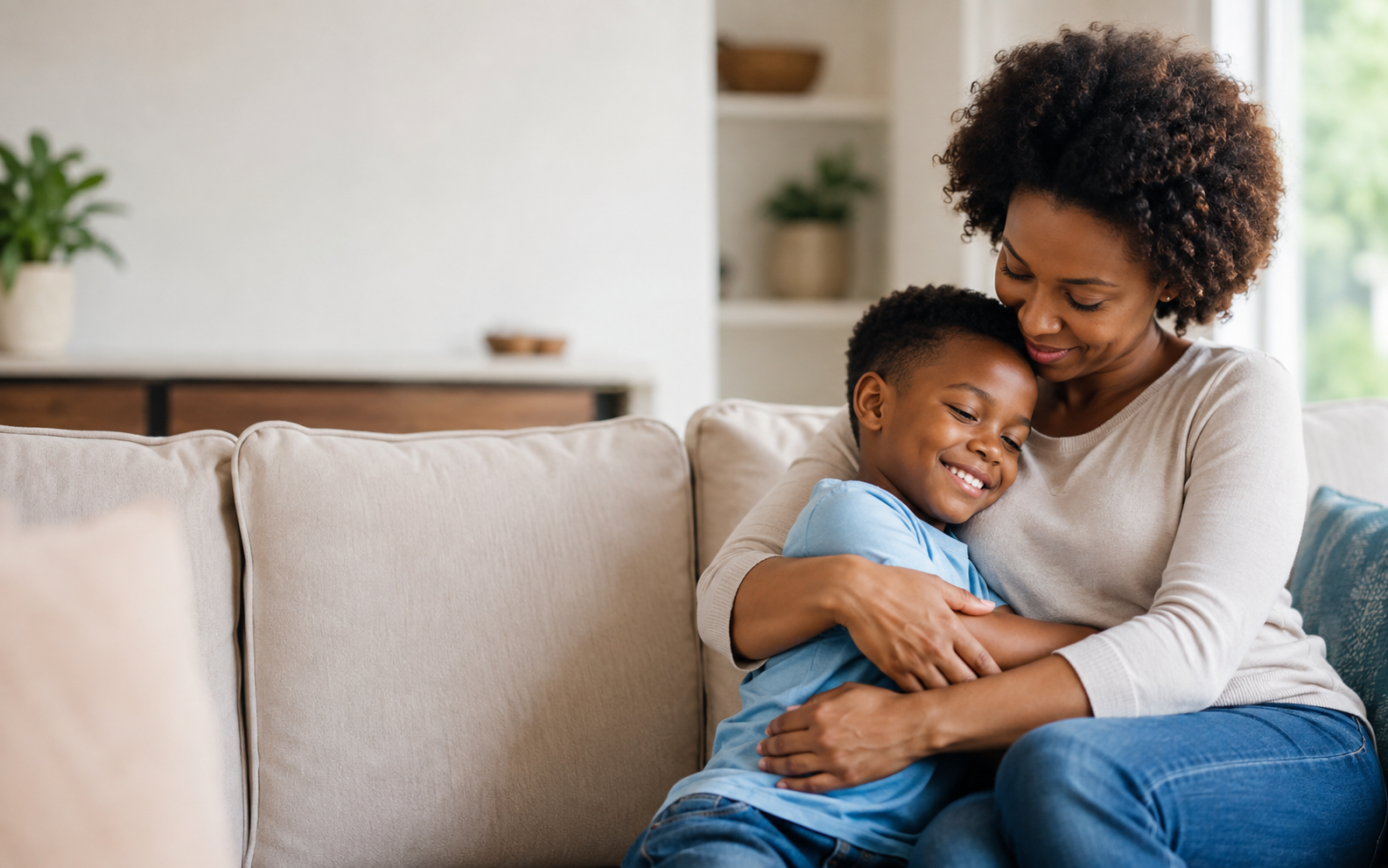 A mother embraces her smiling young son on a sofa.