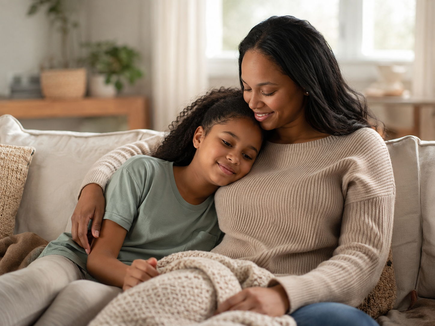 A mother embraces her smiling young son on a sofa.