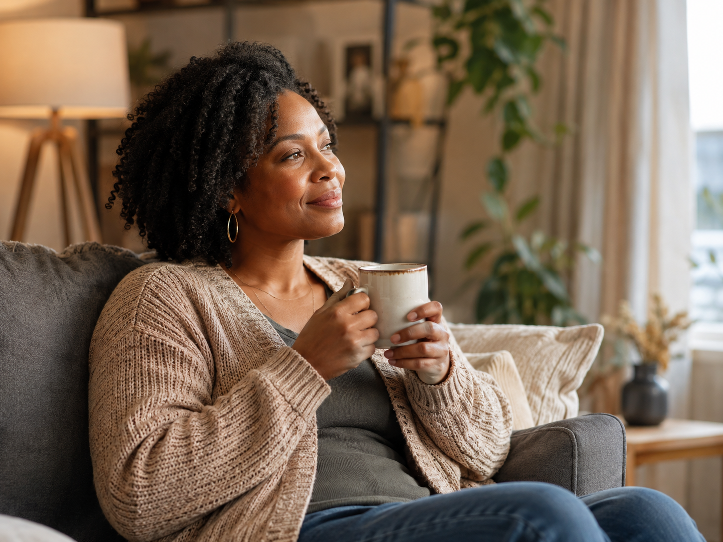 A woman relaxing in a chair with a warm drink.