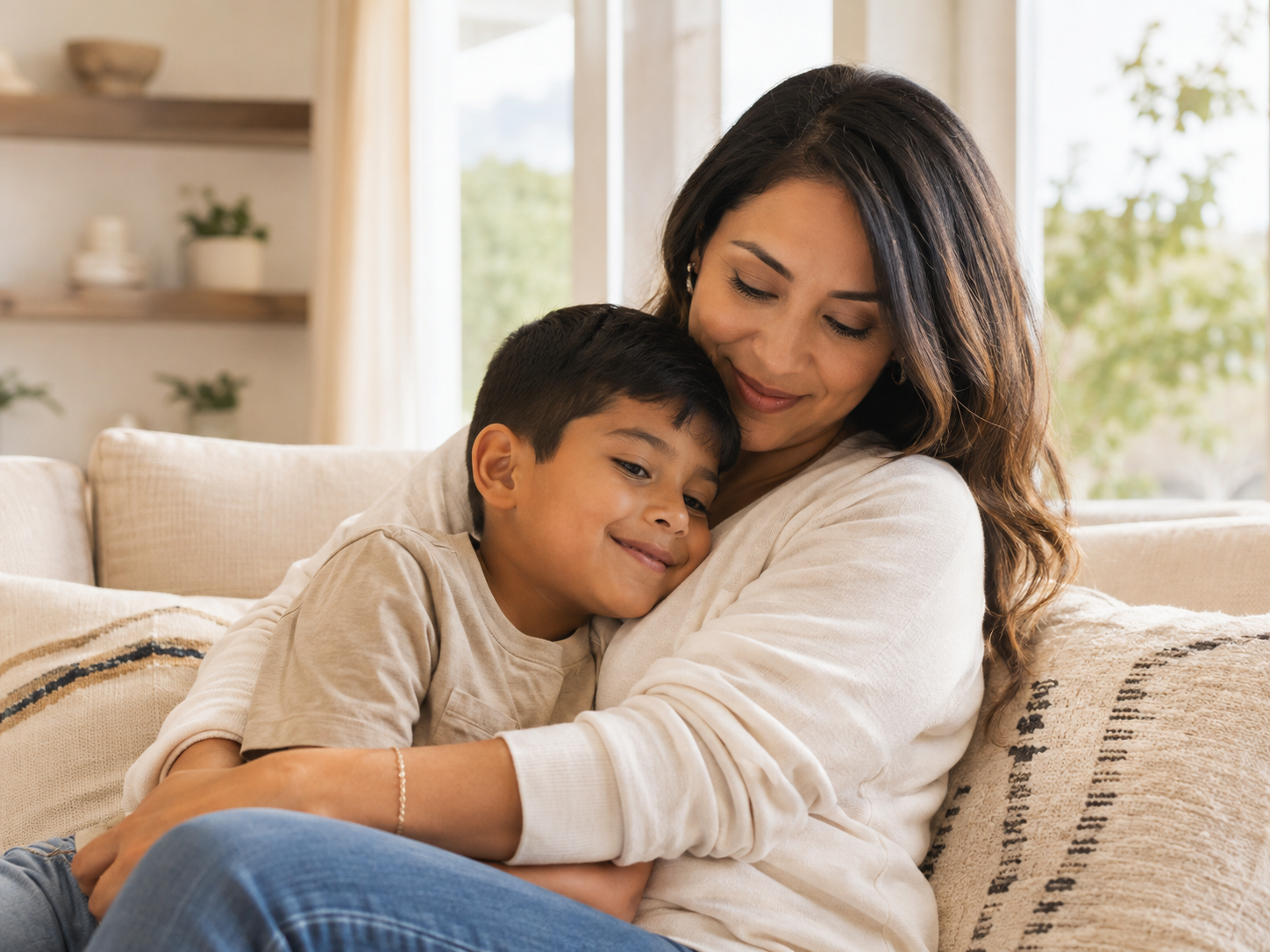 A mother embracing her smiling young son at home
