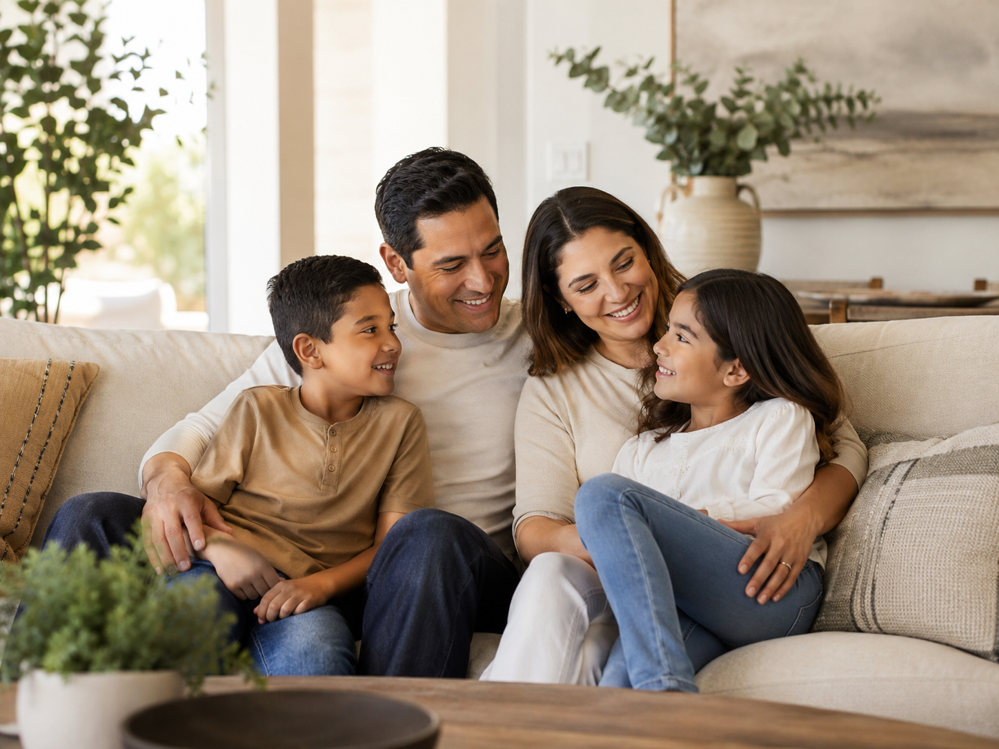 Parents sharing a joyful moment with their son and daughter at home.