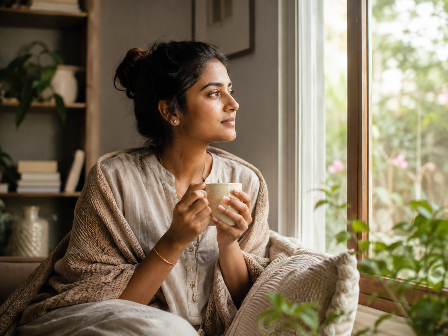A woman resting comfortably at home with a warm drink
